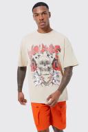 Mens Sand Oversized Floral Skull Graphic T-Shirt