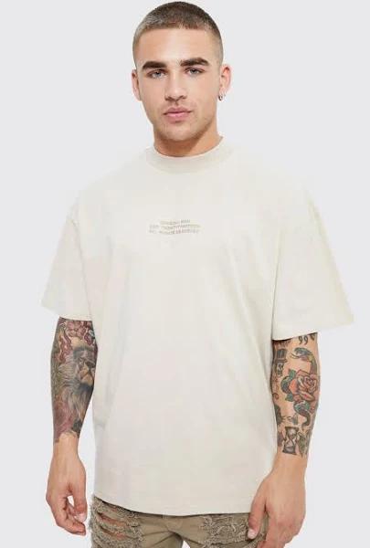 Mens Sand Oversized Heavyweight High Build Text T-Shirt