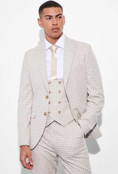 Mens Sand Slim Single Breasted Check Suit Jacket