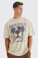 Mens Sand Tall Oversized Extended Neck Palms T-Shirt