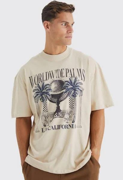 Mens Sand Tall Oversized Extended Neck Palms T-Shirt