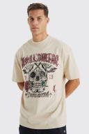 Mens Sand Tall Oversized Heavyweight Skull Print T-Shirt