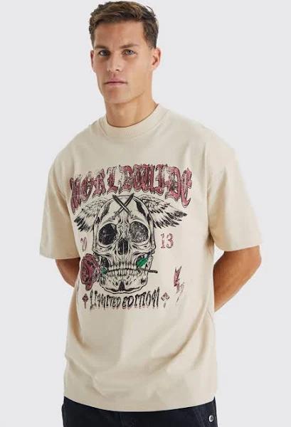 Mens Sand Tall Oversized Heavyweight Skull Print T-Shirt