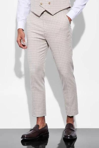 Mens Sand Tapered Check Suit Trousers