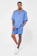 Mens Slate Blue Short Sleeve Drop Revere Satin Shirt and Short Set