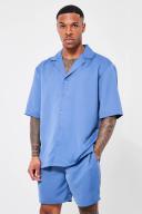 Mens Slate Blue Short Sleeve Drop Revere Satin Shirt and Short Set