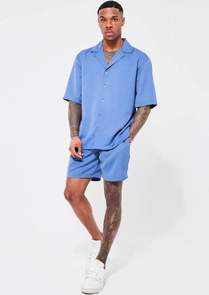 Mens Slate Blue Short Sleeve Drop Revere Satin Shirt and Short Set
