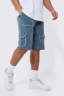 Mens Slate Blue Tall Loose Fit Multi Cargo Topstitch Short
