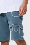 Mens Slate Blue Tall Loose Fit Multi Cargo Topstitch Short