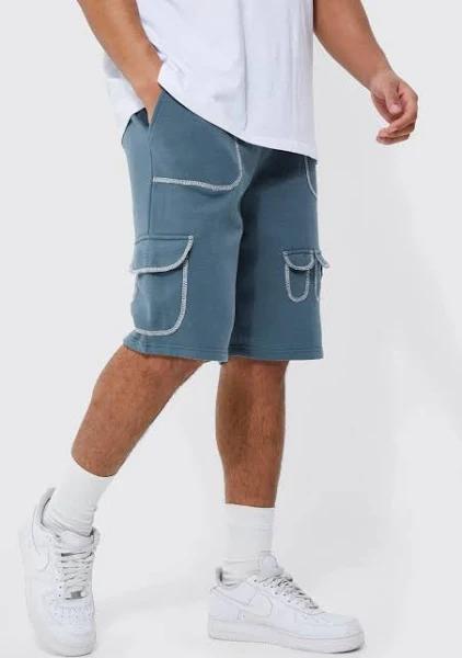 Mens Slate Blue Tall Loose Fit Multi Cargo Topstitch Short