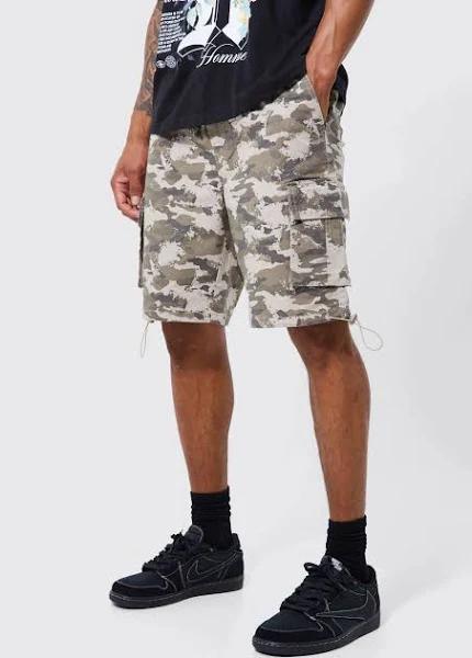 Mens Stone Elastic Relaxed Camo Toggle Hem Cargo Short