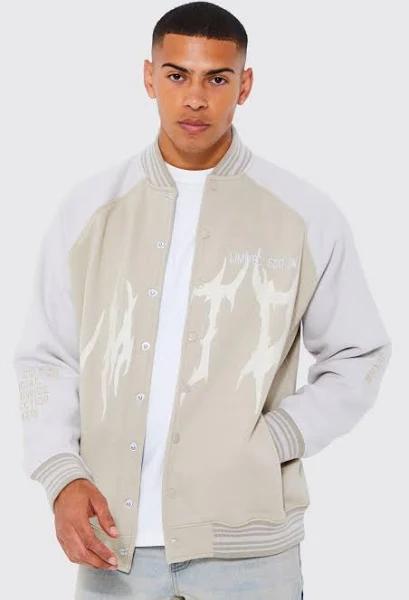 Mens Stone Oversized Contrast Sleeve Jersey Bomber Jacket