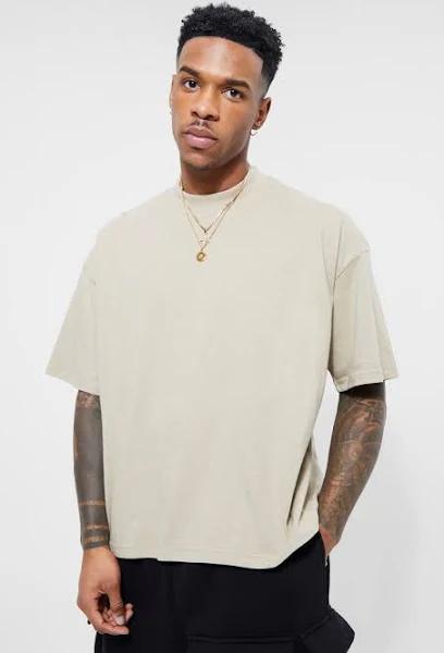 Mens Stone Oversized Extended Neck Boxy T-Shirt