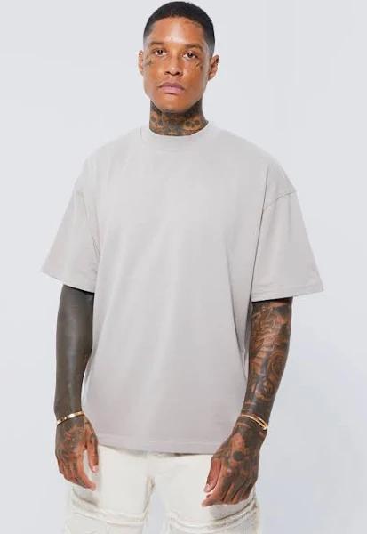 Mens Stone Oversized Extended Neck Heavy T-Shirt