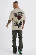 Mens Stone Oversized Extended Neck Pixilated Graffiti Floral T-Shirt
