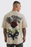 Mens Stone Oversized Extended Neck Pixilated Graffiti Floral T-Shirt