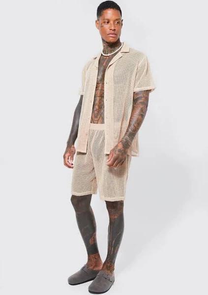 Mens Stone Short Sleeve Open Weave Shirt and Short Set