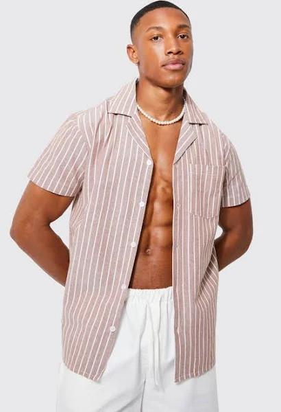 Mens Tan Short Sleeve Textured Smart Stripe Shirt