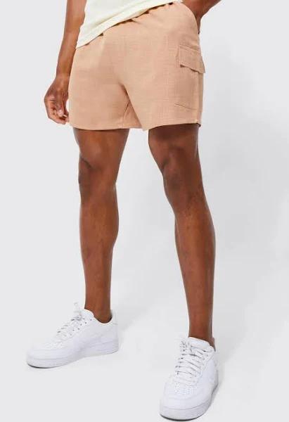 Mens Taupe Elastic Waist Comfort Cargo Linen Short