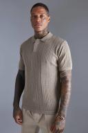 Mens Taupe Mini Lightweight Striped Texture Knitted Polo