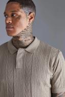 Mens Taupe Mini Lightweight Striped Texture Knitted Polo