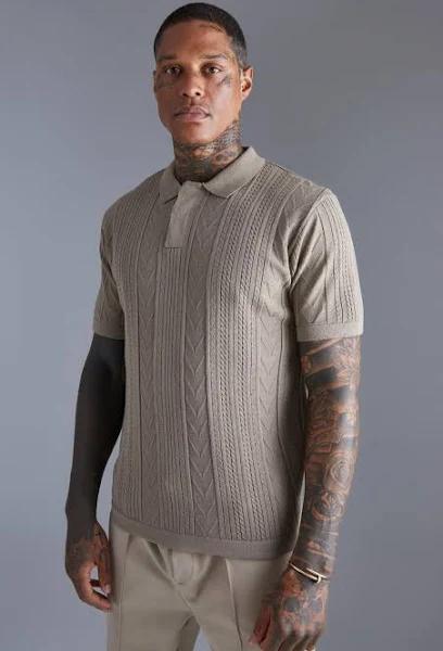 Mens Taupe Mini Lightweight Striped Texture Knitted Polo