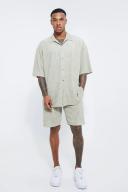 Mens Taupe Oversized Boxy Herringbone Shirt and Short Set