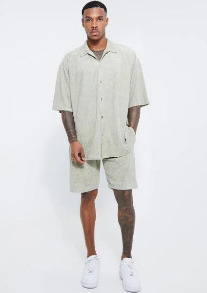 Mens Taupe Oversized Boxy Herringbone Shirt and Short Set
