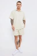Mens Taupe Oversized Popcorn Waffle Polo & Boxy Short Set
