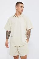 Mens Taupe Oversized Popcorn Waffle Polo & Boxy Short Set