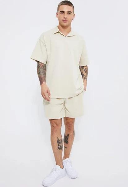 Mens Taupe Oversized Popcorn Waffle Polo & Boxy Short Set