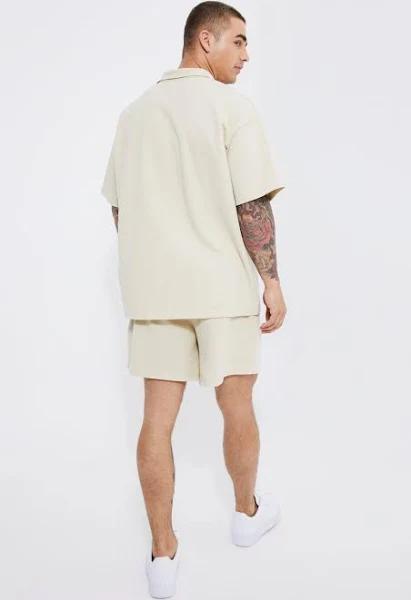Mens Taupe Oversized Popcorn Waffle Polo & Boxy Short Set