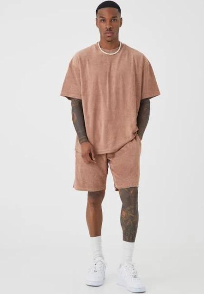 Mens Taupe Oversized Premium Towelling T-Shirt & Short Set