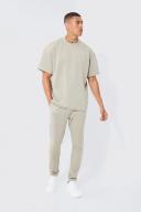 Mens Taupe Oversized Scuba T-Shirt and Jogger Set