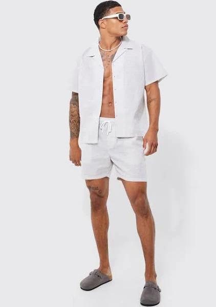 Mens Taupe Short Sleeve Boxy Mini Stripe Shirt and Short