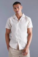 Mens Taupe Short Sleeve Regular Linen Look Shirt
