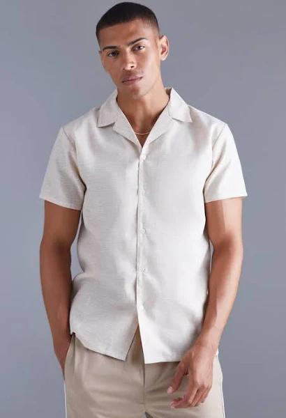 Mens Taupe Short Sleeve Regular Linen Look Shirt