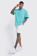 Mens Teal Oversized Extended Neck Ottoman Rib T-Shirt