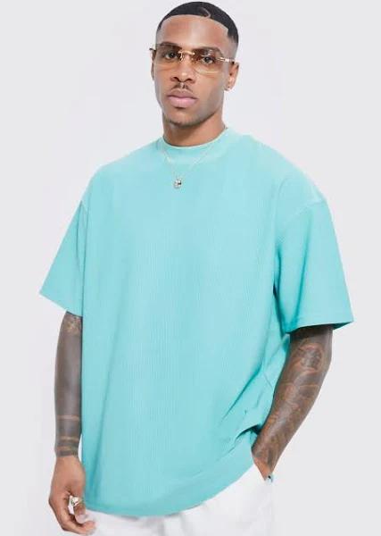 Mens Teal Oversized Extended Neck Ottoman Rib T-Shirt