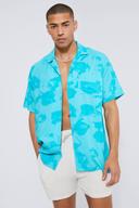 Mens Teal Short Sleeve Oversized Viscose Face Shirt