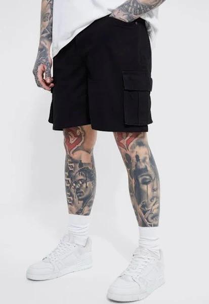 Mens True Black Relaxed Rigid Denim Cargo Shorts