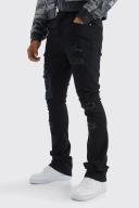 Mens True Black Skinny Stacked Distressed Ripped Jeans