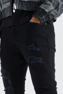Mens True Black Skinny Stacked Distressed Ripped Jeans