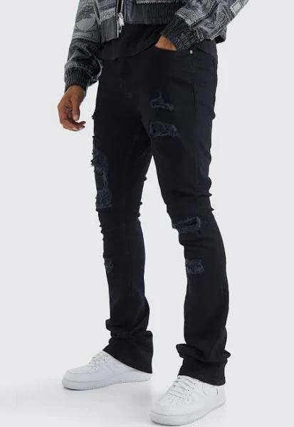 Mens True Black Skinny Stacked Distressed Ripped Jeans