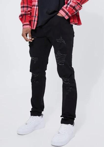 Mens True Black Skinny Stretch All Over Rip Jeans