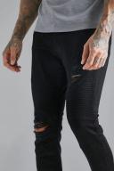 Mens True Black Skinny Stretch Distressed Biker Jeans
