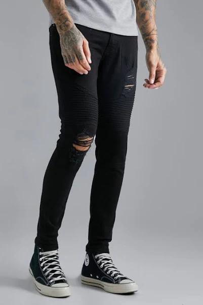 Mens True Black Skinny Stretch Distressed Biker Jeans
