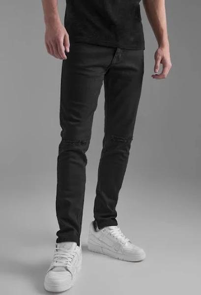 Mens True Black Skinny Stretch Knee Rip Jeans With Zips
