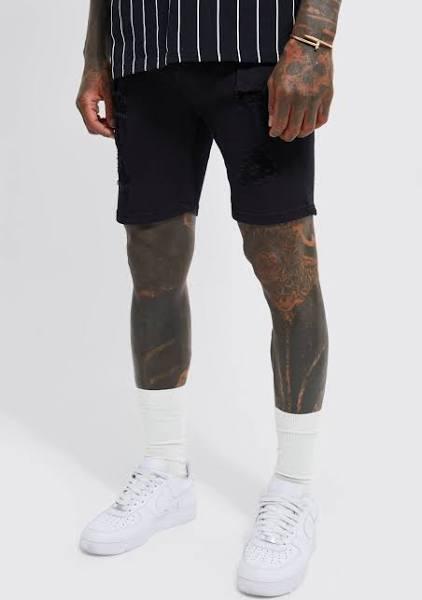 Mens True Black Skinny Stretch Multi Rip Denim Shorts