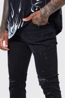 Mens True Black Skinny Stretch Ombre Paint Detail Jeans